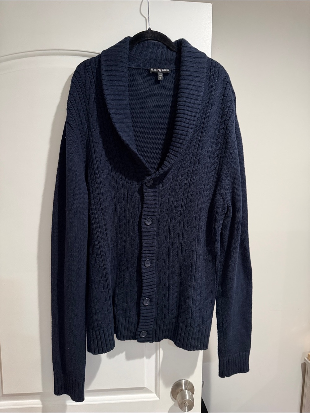 Express Men's Navy Shawl Collar Cable Cardigan Sweater